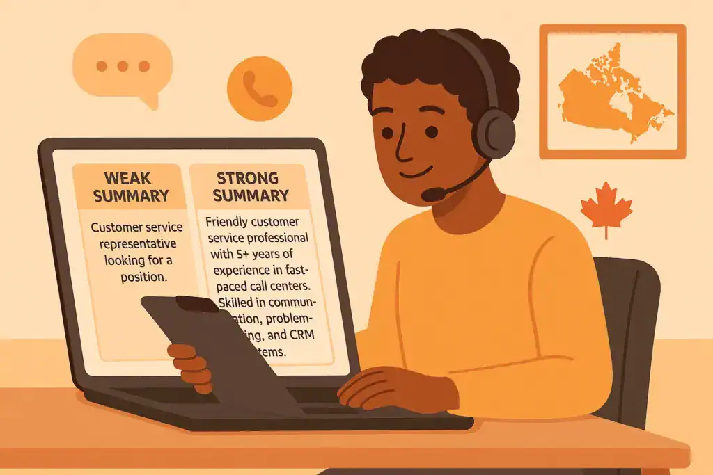 Customer service worker reviewing weak and strong resume summary examples on a laptop, with communication icons and a Canada map in the background.