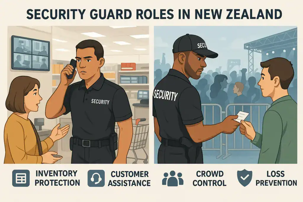 "Illustration of retail and event security guards in New Zealand demonstrating crowd control, inventory protection, and customer assistance."