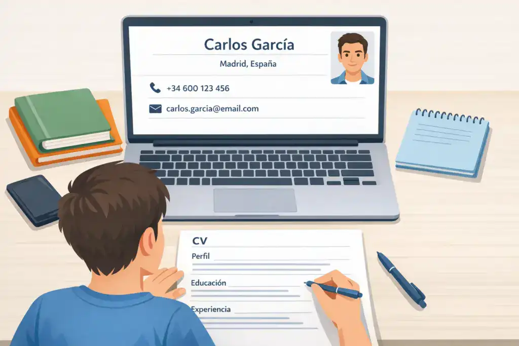 Ilustración de un estudiante en un escritorio completando su CV. En la pantalla del portátil aparece la sección de información de contacto con nombre completo, ciudad en España, número de teléfono, correo electrónico y una foto profesional opcional, mostrando el formato estándar de contacto para estudiantes en España.