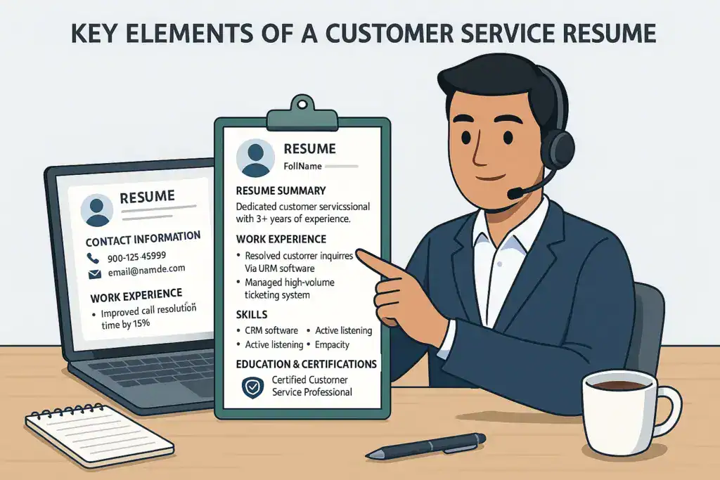 The image you uploaded visually represents "Key Elements of a Customer Service Resume", showing a customer service representative pointing to a resume with sections like contact information, resume summary, work experience, and skills.