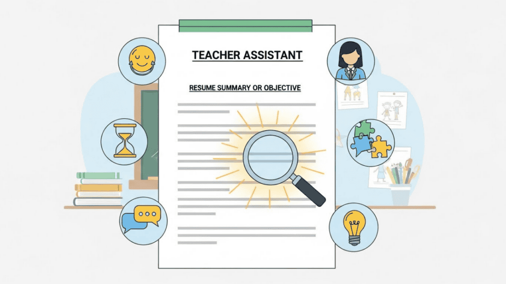 Illustration of a teacher assistant resume with the “Resume Summary or Objective” section highlighted, surrounded by icons for patience, communication, and problem-solving, with classroom elements like books and a chalkboard in the background.