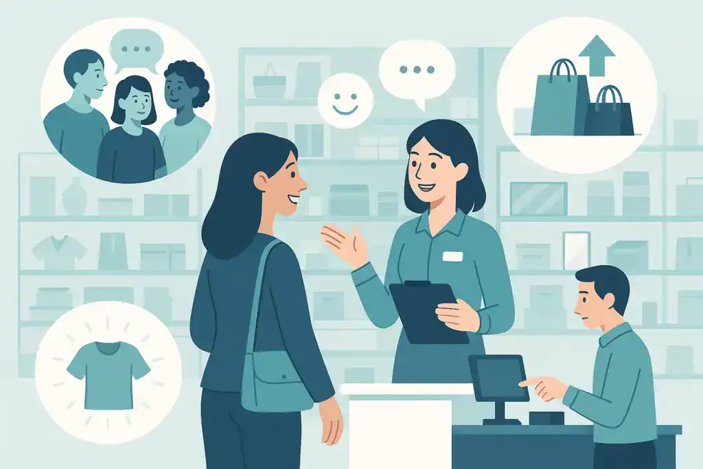 A friendly retail sales associate demonstrating strong customer service, communication, teamwork, problem-solving, and sales skills in a modern store setting.