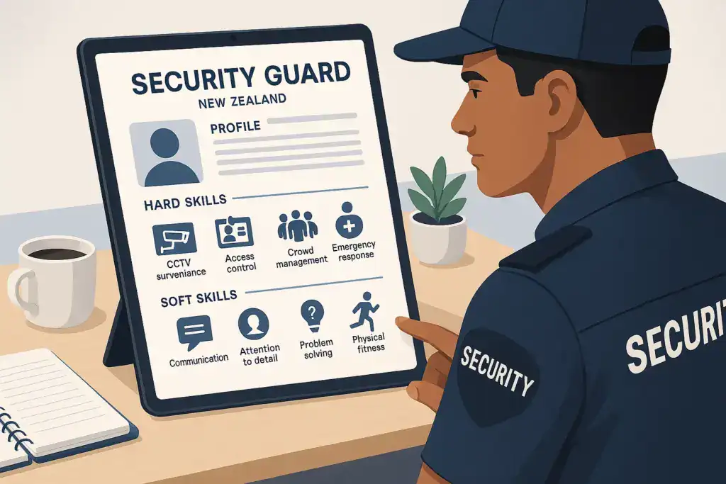 "Illustration of a security guard resume highlighting hard and soft skills with icons for surveillance, access control, crowd management, and emergency response."