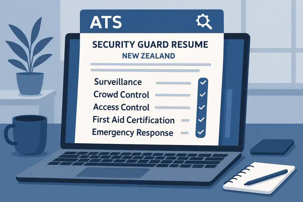 "Illustration of a security guard resume being scanned and optimized for ATS with highlighted keywords for New Zealand jobs."