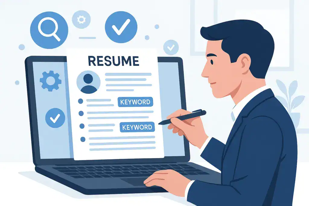 Professional illustration of a laptop showing a resume with highlighted keywords, ATS icons, and a person reviewing it in a clean office setting.