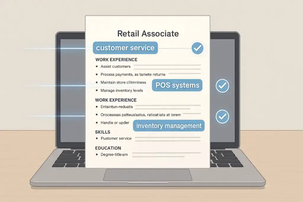 Graphic of a retail associate resume optimized for ATS with highlighted keywords and clean, simple formatting.