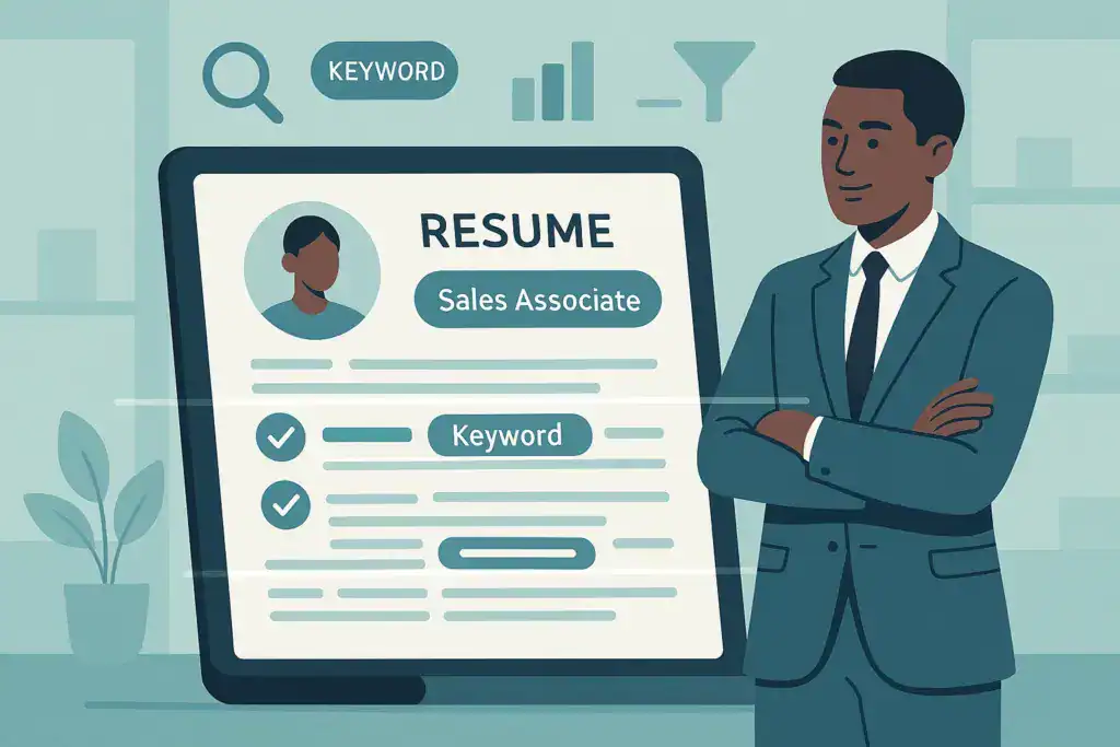 A professional illustration of a sales associate resume being scanned by an applicant tracking system with highlighted keywords and ranking indicators.