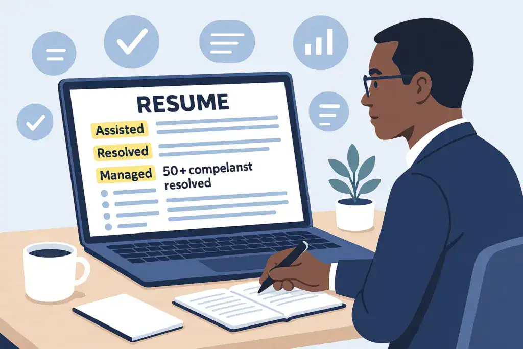 Close-up of a resume on a laptop with highlighted action verbs and quantified achievements, surrounded by checkmarks and charts, with a professional at a clean desk.