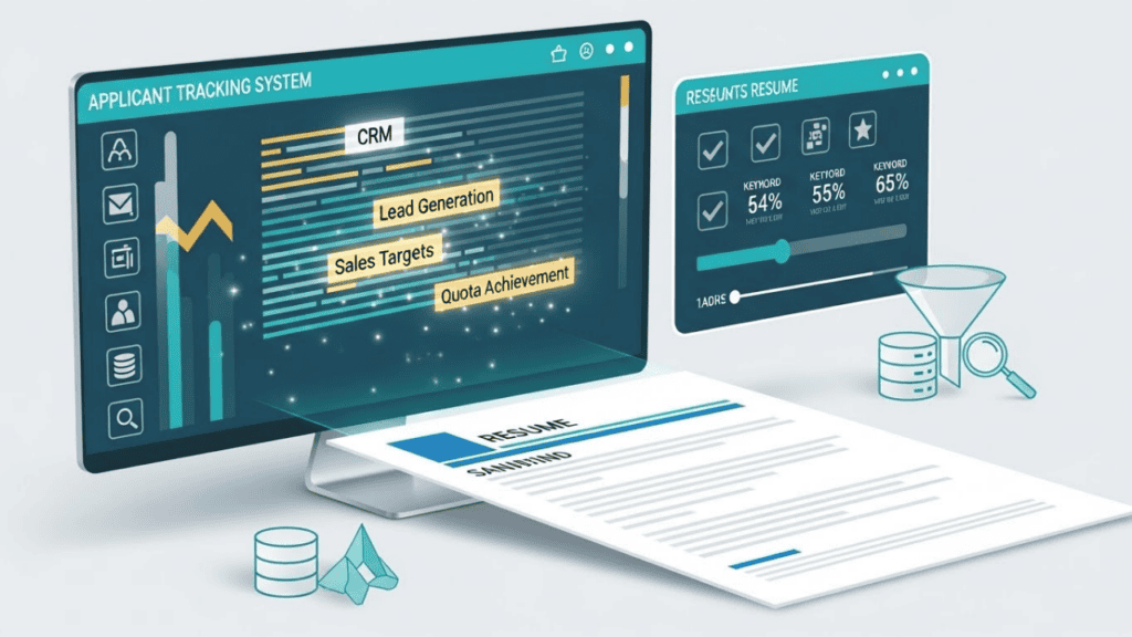 Blue-themed illustration of an Applicant Tracking System (ATS) analyzing a sales resume