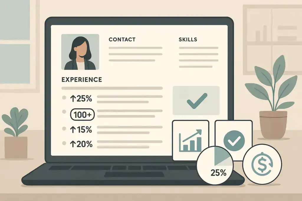 Illustration of an administrative assistant resume highlighting quantified achievements with numbers, percentages, and performance indicators.