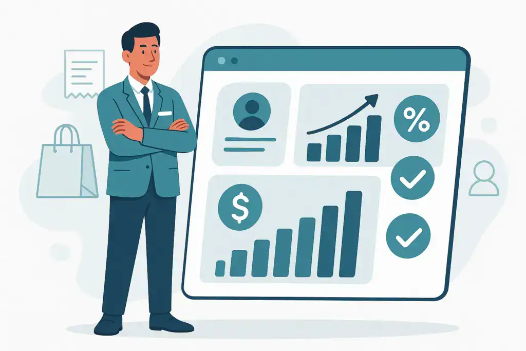 A confident sales associate reviewing performance metrics with upward graphs, percentages, and revenue symbols representing measurable achievements.
