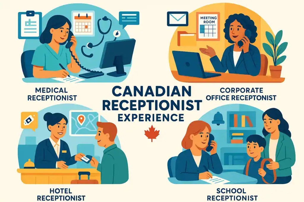 Illustration showing four types of Canadian receptionist roles—medical, corporate office, hotel, and school—each greeting or assisting people, with icons representing their tasks.