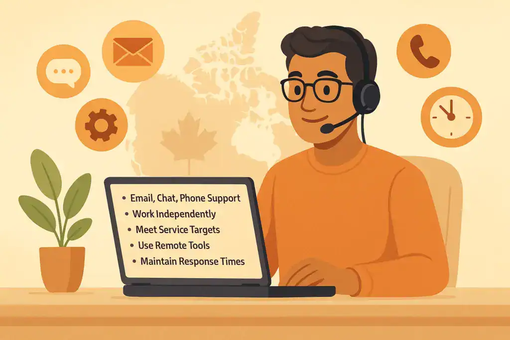 Remote customer service worker wearing a headset and using a laptop, with icons for email, chat, phone, tools, and time management, plus a Canada map in the background.