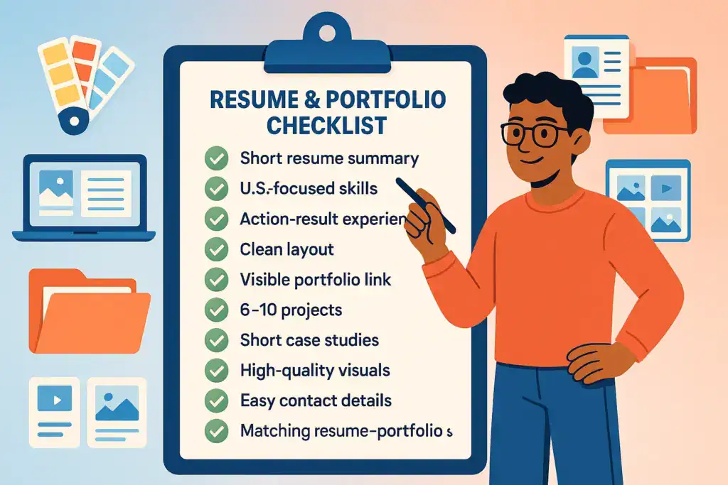 Illustration of a designer standing beside a large clipboard displaying a resume and portfolio checklist, with green checkmarks next to items such as short resume summary, U.S.-focused skills, action-result experience, clean layout, visible portfolio link, 6–10 projects, short case studies, high-quality visuals, easy contact details, and matching resume–portfolio style. Icons of portfolios, folders, images, and design tools appear around the scene