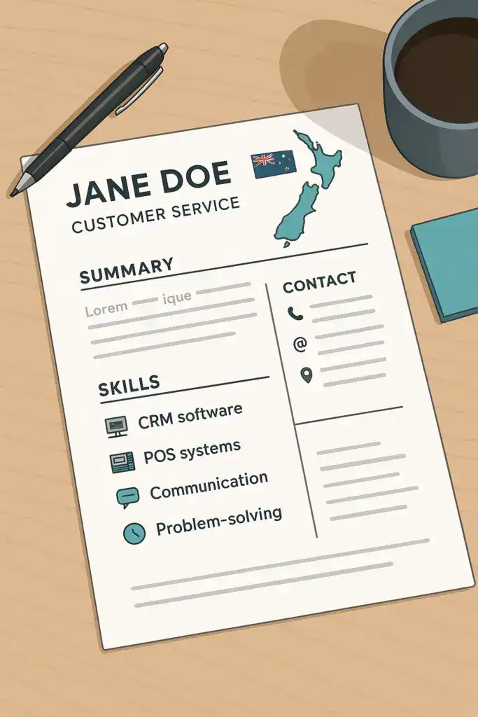 "Illustration of a clean, professional New Zealand-style customer service resume highlighting hard and soft skills for retail and call center jobs."