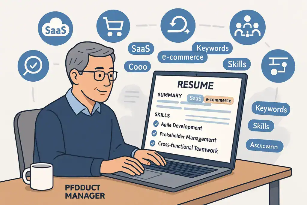 An illustrated senior product manager sits at a desk typing on a laptop, reviewing a resume. The screen shows highlighted keywords such as “SaaS” and “e-commerce,” along with skills like Agile Development and cross-functional teamwork. Around him float icons representing skills, keywords, SaaS, e-commerce, agile workflow, team collaboration, and search optimization. The style is modern, friendly, and professional