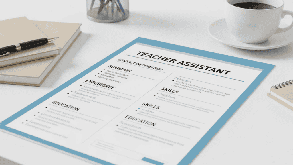 Illustration of a teacher assistant resume on a desk, featuring a clean and professional format with clear headings, bullet points, and organized sections, surrounded by a pen, notebook, and coffee cup.