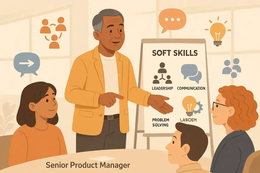 An illustrated senior product manager stands beside a presentation board labeled “Soft Skills,” pointing to icons representing leadership, communication, and problem-solving. Three team members sit around the table listening attentively. Additional icons of teamwork, speech bubbles, and lightbulbs appear in the background, emphasizing collaboration and innovative thinking.