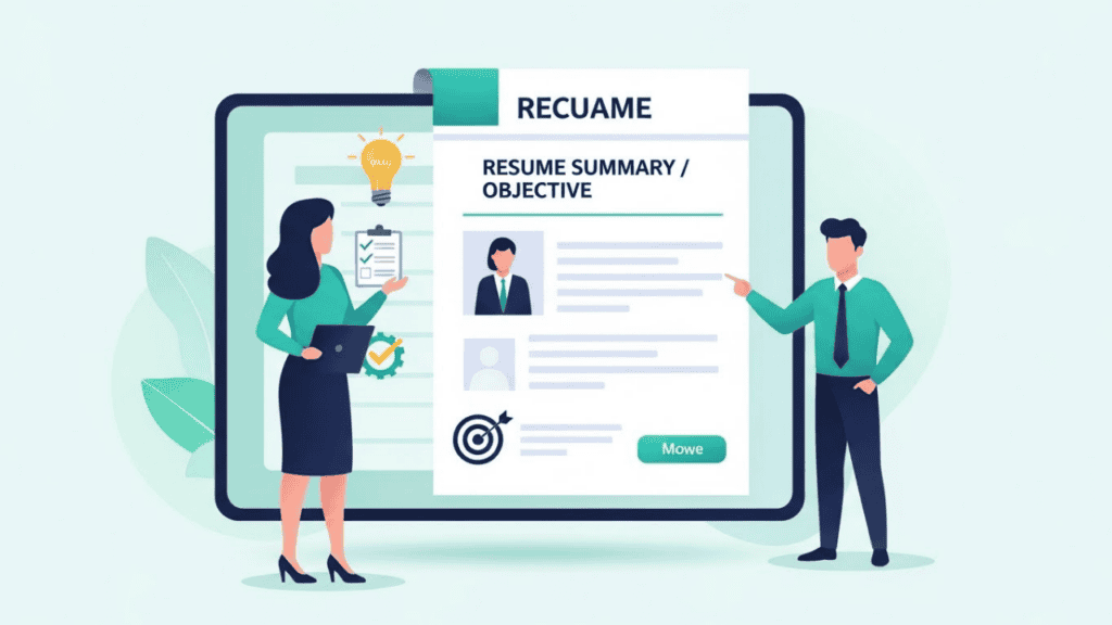 An illustrated scene showing a large digital resume on a screen labeled “Resume Summary / Objective.”