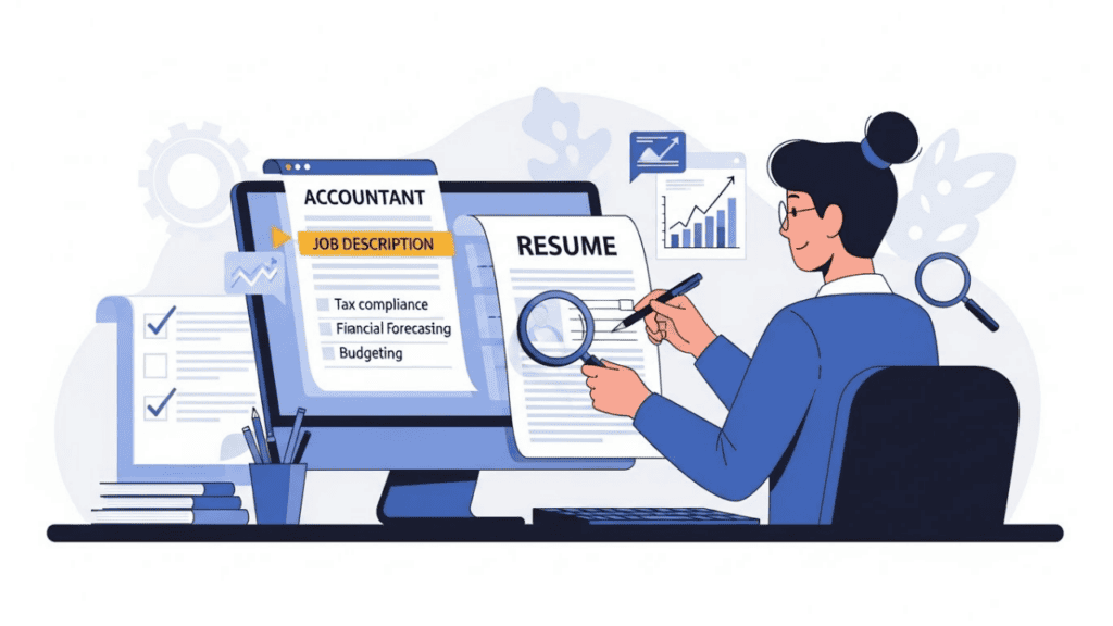 “Illustration of an accountant tailoring a resume at a desk, with a job description on a computer screen, highlighted keywords, and visual elements like checkmarks and graphs, emphasizing customization and professional alignment.”