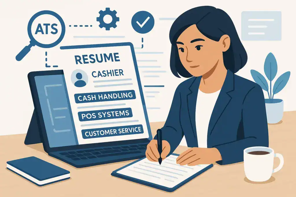 "Illustration of a professional customizing multiple cashier resumes on a laptop with retail and customer service icons for tailored job roles."