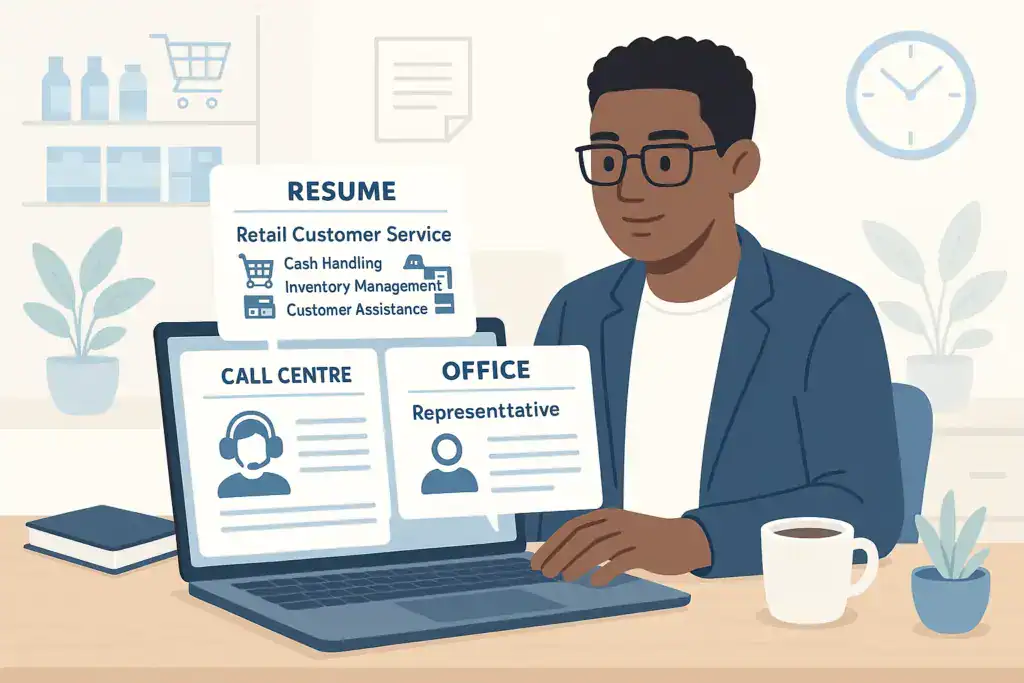 Diverse professional working on multiple tailored resumes on a laptop, with retail icons like POS systems, shelves, and shopping carts in a bright office.