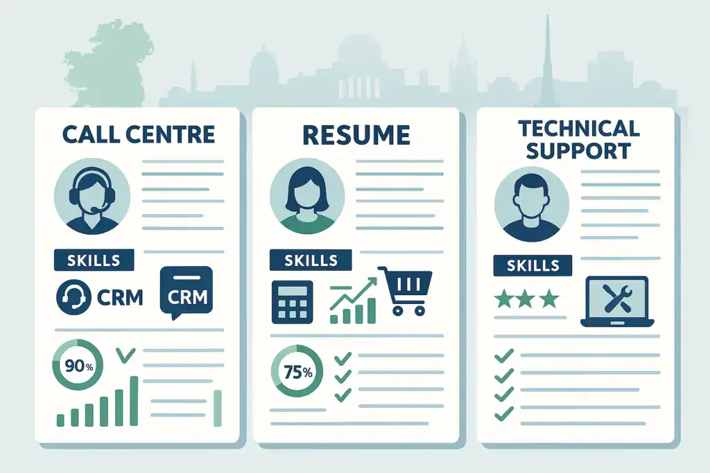 "Visual of three tailored resumes side by side for call centre, retail, and technical support roles, highlighting role-specific skills and achievements."