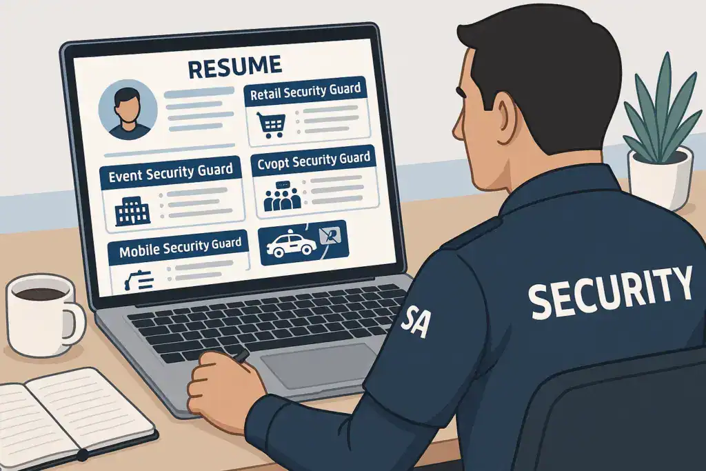 Illustration of a security guard tailoring a resume for Retail, Event, Corporate, and Mobile Security roles in New Zealand with role-specific icons.