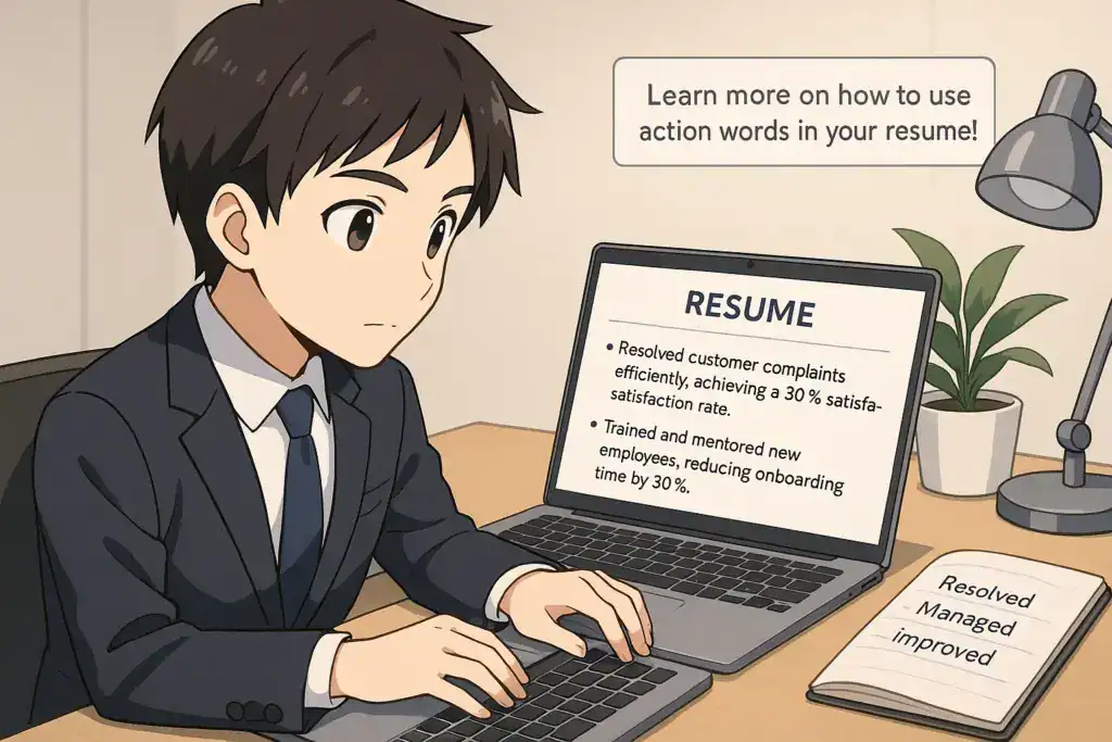 The image features a young anime character sitting at a desk, wearing a suit and working on their resume. The laptop screen shows two examples of resume action words: "Resolved customer complaints efficiently, achieving a 30% satisfaction rate," and "Trained and mentored new employees, reducing onboarding time by 30%." Next to the laptop, an open notebook lists action words like "Resolved," "Managed," and "Improved." A light desk lamp and a plant add to the office ambiance, and a text box reads, "Learn more on how to use action words in your resume!"