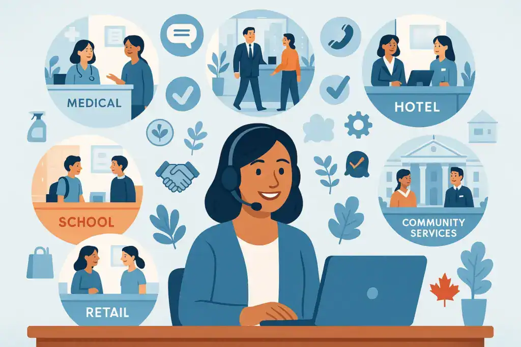 Illustration of a receptionist working at a laptop, surrounded by circular scenes showing common Canadian receptionist workplaces: medical clinics, corporate offices, hotels, schools, retail settings, and community services. Additional icons represent communication, phone handling, organization, problem-solving, and teamwork. A small maple leaf and soft blue tones emphasize the Canadian theme.