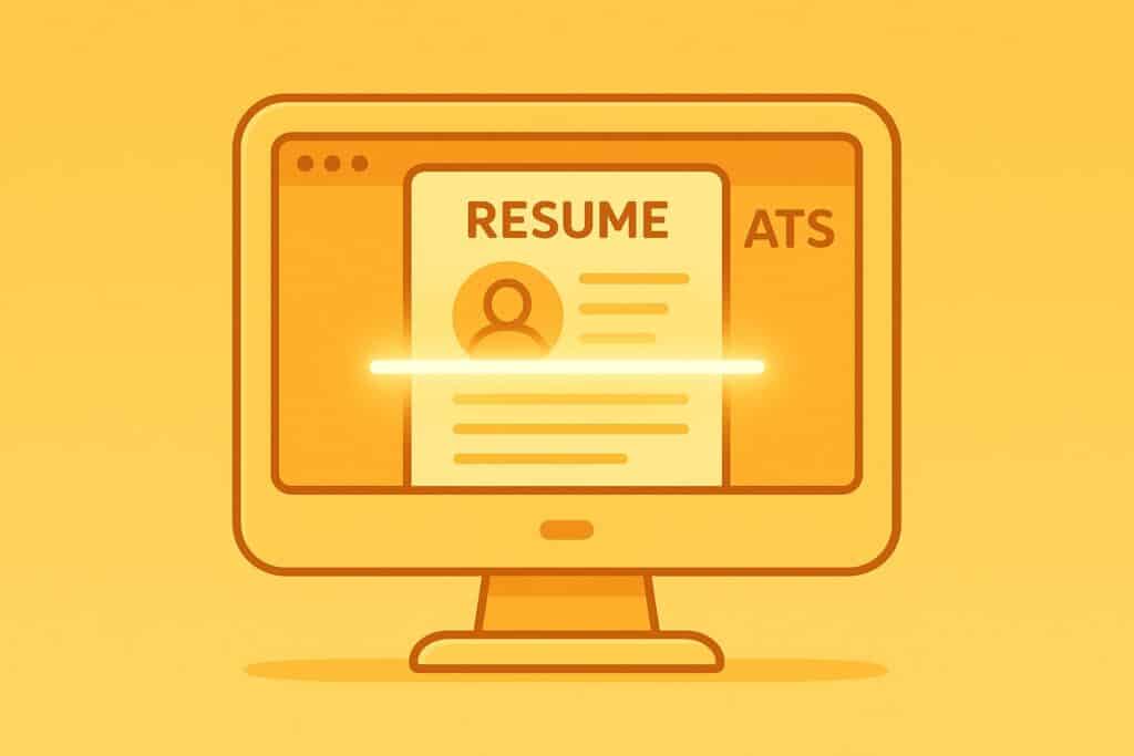 ATS scanning a resume in flat yellow vector illustration.