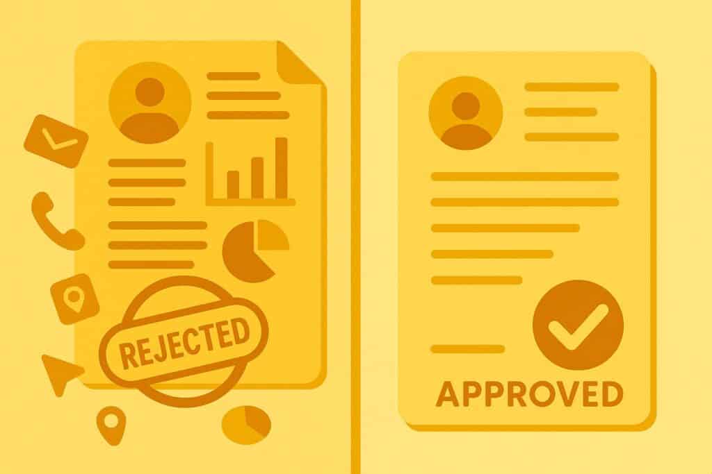 ATS rejecting a graphic resume and approving a clean resume in yellow flat style.