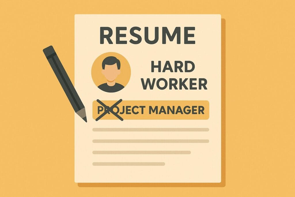 Correct and incorrect job titles on a resume in yellow flat vector style.