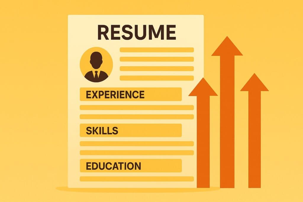 Resume keyword optimization shown in a yellow flat illustration style.