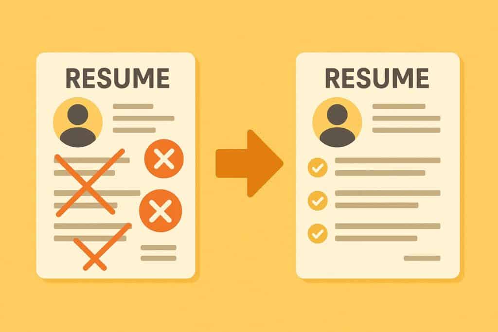 Grammar and typo corrections on a resume in yellow flat illustration style.