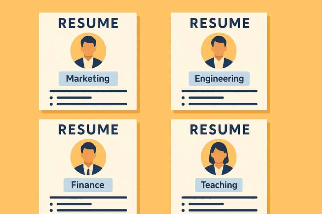 Tailoring a resume for different jobs in yellow flat vector style.