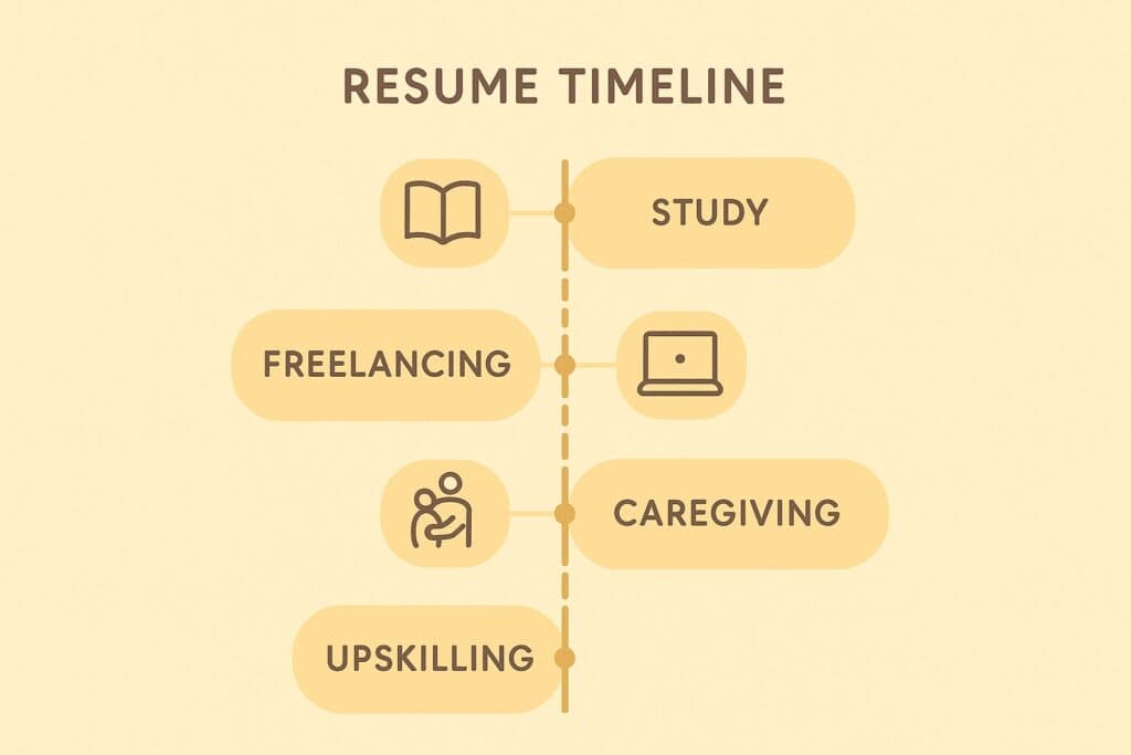 Career gap explanation displayed on a resume timeline in yellow flat style.