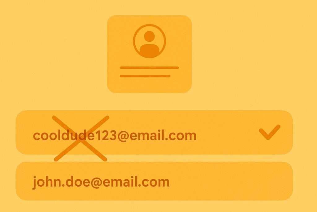 Professional vs unprofessional resume email shown in yellow flat illustration.