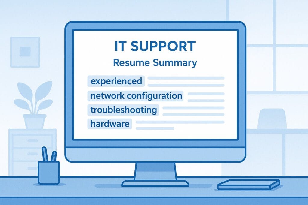 Blue-themed illustration of an ATS-optimised IT support resume summary