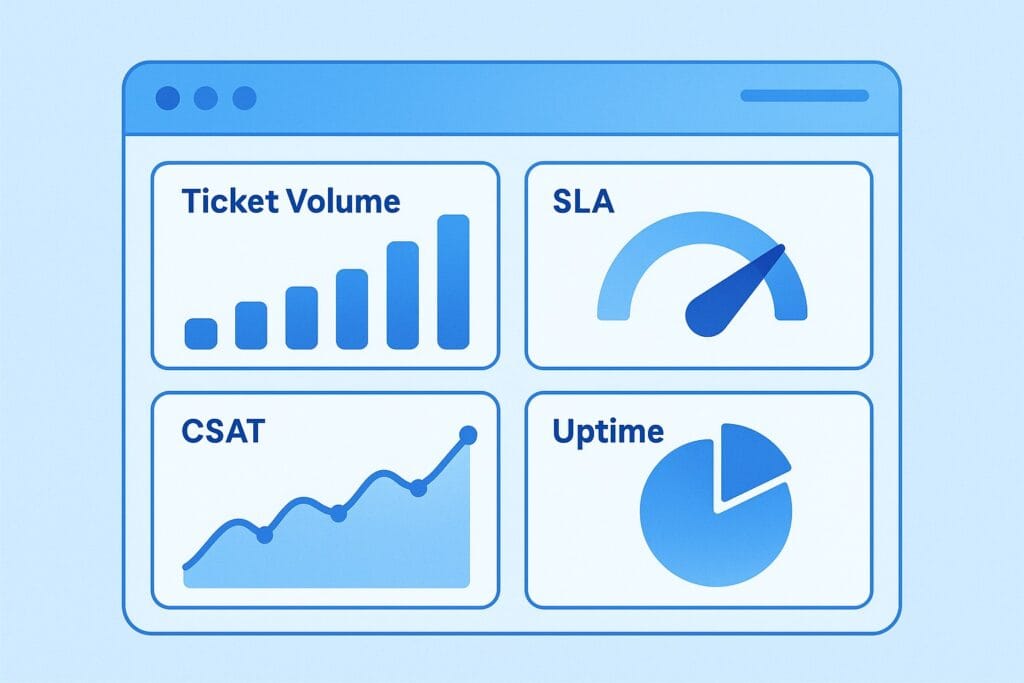 Blue-themed illustration of IT support performance metrics dashboard