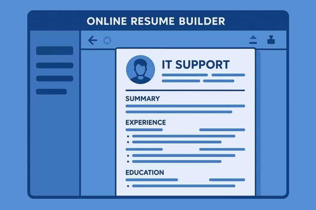 Blue-themed illustration of an editable ATS IT support resume template online