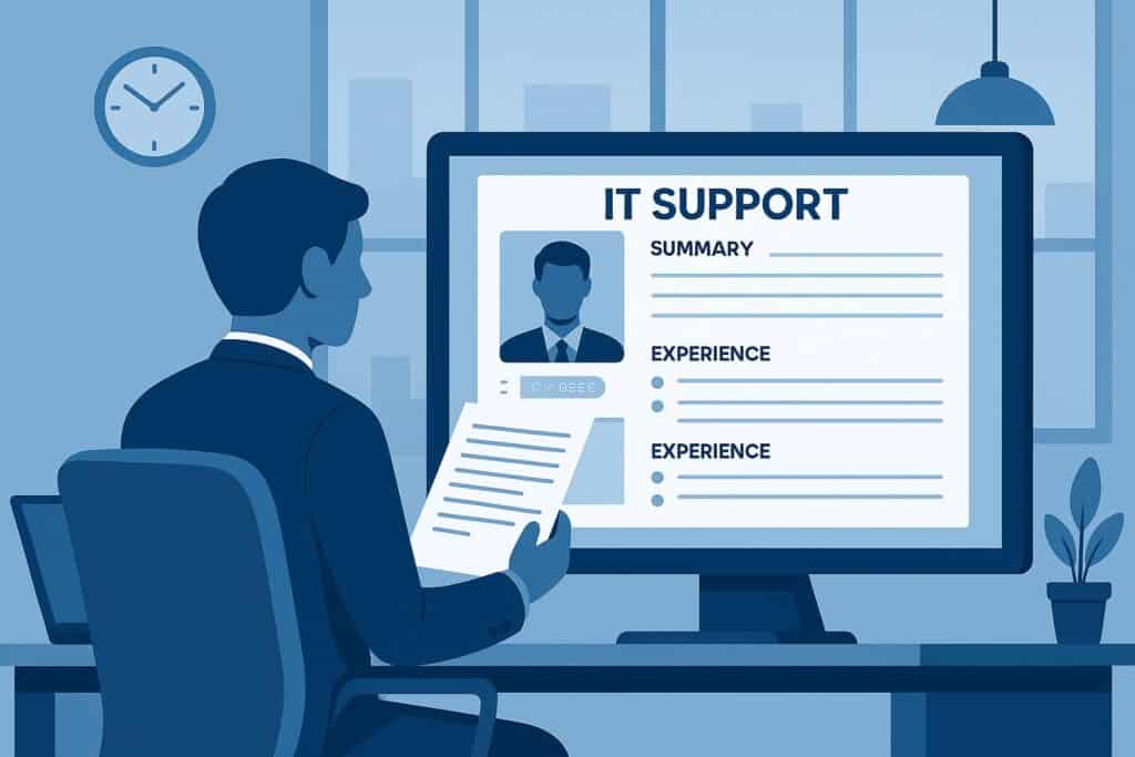 Blue-themed illustration of a recruiter reviewing an IT support specialist resume