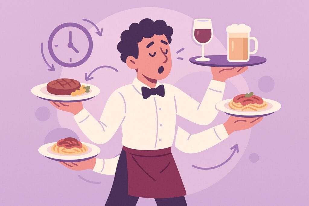 Busy waiter multitasking and managing time efficiently in a purple themed illustration