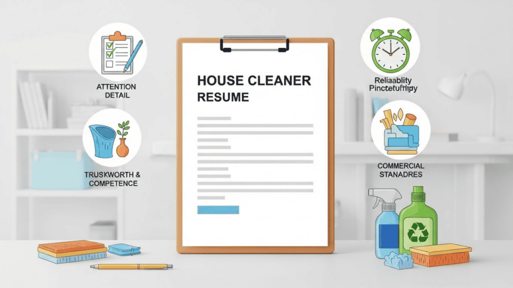 “Illustration of a house cleaner resume on a tidy desk, surrounded by icons and items representing attention to detail, reliability, eco-friendly cleaning, and professionalism, with a subtle background showing residential and commercial cleaning settings.”