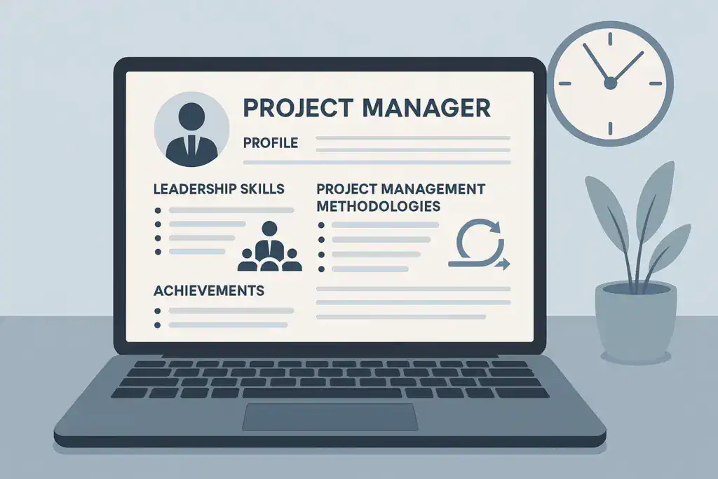 Illustration of a laptop displaying a project manager resume with key sections: 'Profile,' 'Leadership Skills,' 'Project Management Methodologies,' and 'Achievements.' The leadership skills section includes icons of a person and a team, while project management methodologies are symbolized with a circular arrow