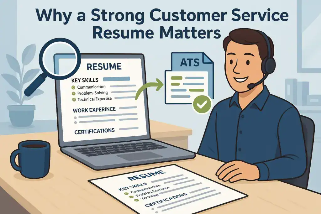 The image you uploaded illustrates "Why a Strong Customer Service Resume Matters", featuring a customer service representative reviewing a well-organized resume with key skills, work experience, and certifications while emphasizing the importance of passing Applicant Tracking Systems (ATS).