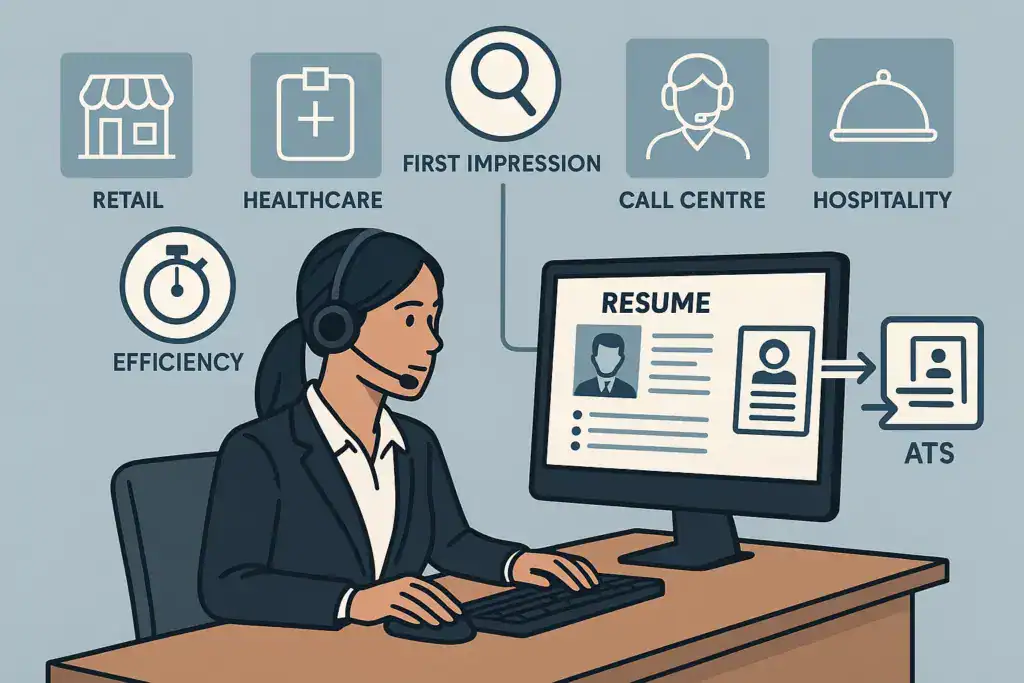 A customer service professional at a desk working on a resume, with icons representing industries like retail, healthcare, call centers, and hospitality, emphasizing efficiency, first impressions, and ATS compatibility.