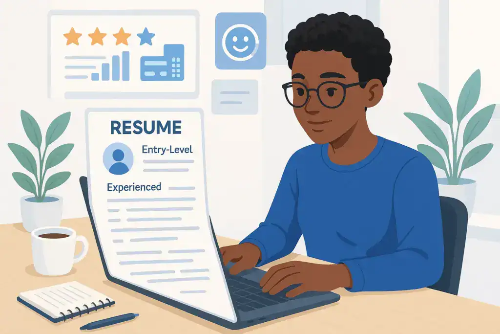 Illustration of a professional reviewing a resume with charts, POS icons, and labels for entry-level and experienced customer service roles.