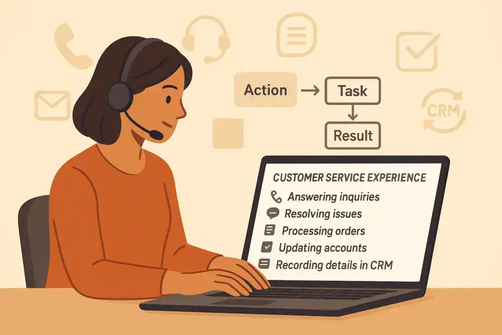 Illustration of a customer service representative with a headset typing on a laptop that displays sample experience bullet points, surrounded by icons and an Action → Task → Result diagram.