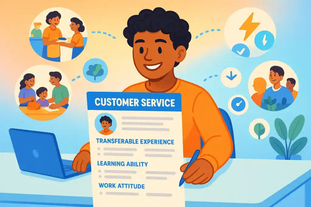 Illustration of a smiling young job seeker completing a customer service resume, highlighting transferable experience, learning ability, and work attitude. Surrounding icons and scenes show examples like helping customers, supporting community events, teamwork, fast learning, punctuality, and positive work habits. Bright, colourful office background with a laptop on the desk